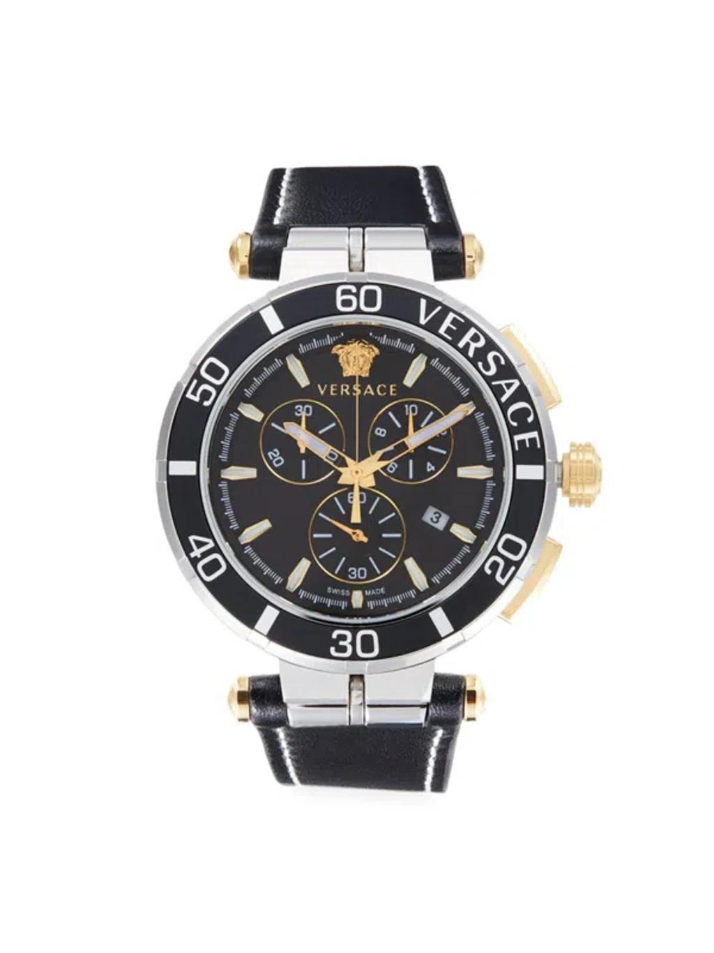 Men's Greca Chrono 45mm Stainless Steel & Leather Strap Watch In Sapphire Product Image