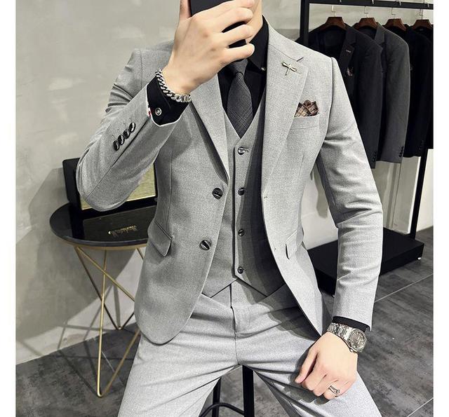 Set: Plain Single-Breasted Blazer + Vest + Straight Leg Dress Pants Product Image