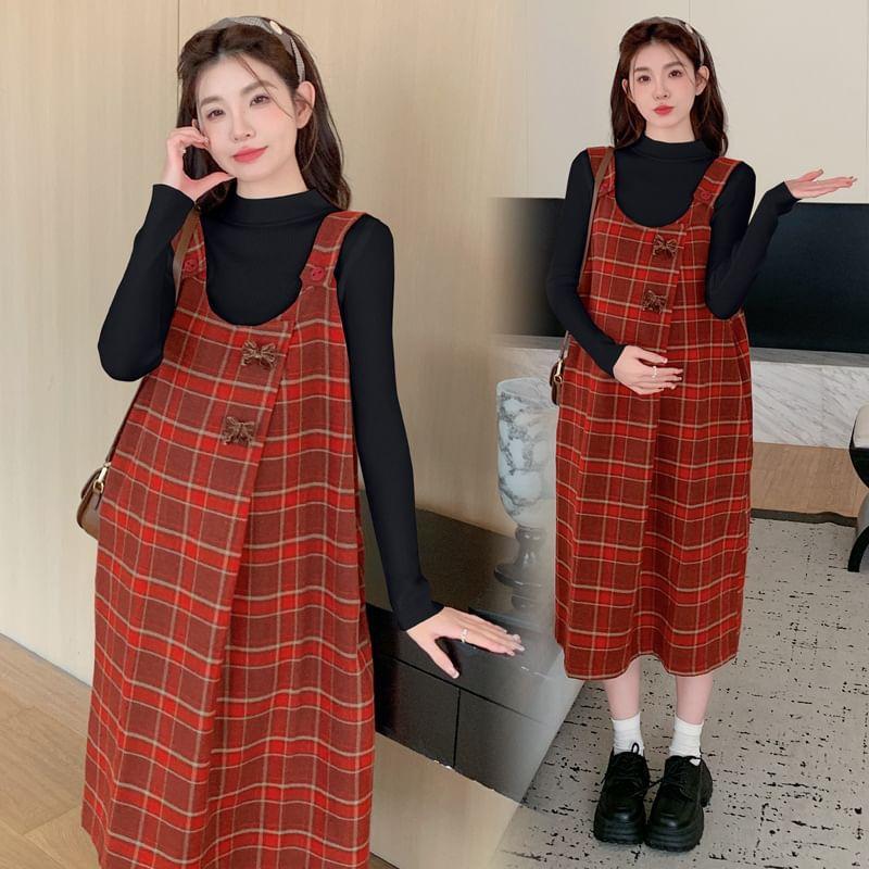 Maternity Long-Sleeve Mock Neck Plain Tee / Plaid Midi Pinafore Dress / Set Product Image