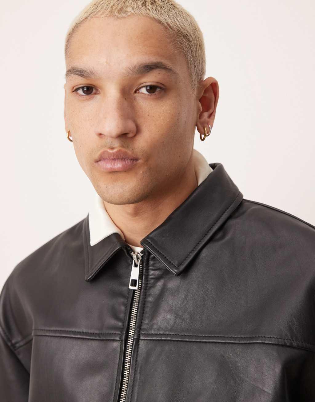 ASOS DESIGN premium oversized real leather harrington jacket in black Product Image