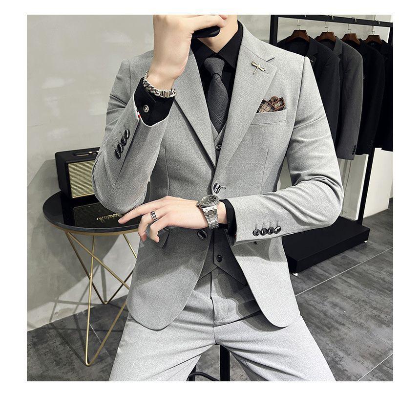 Set: Plain Single-Breasted Blazer + Vest + Straight Leg Dress Pants Product Image