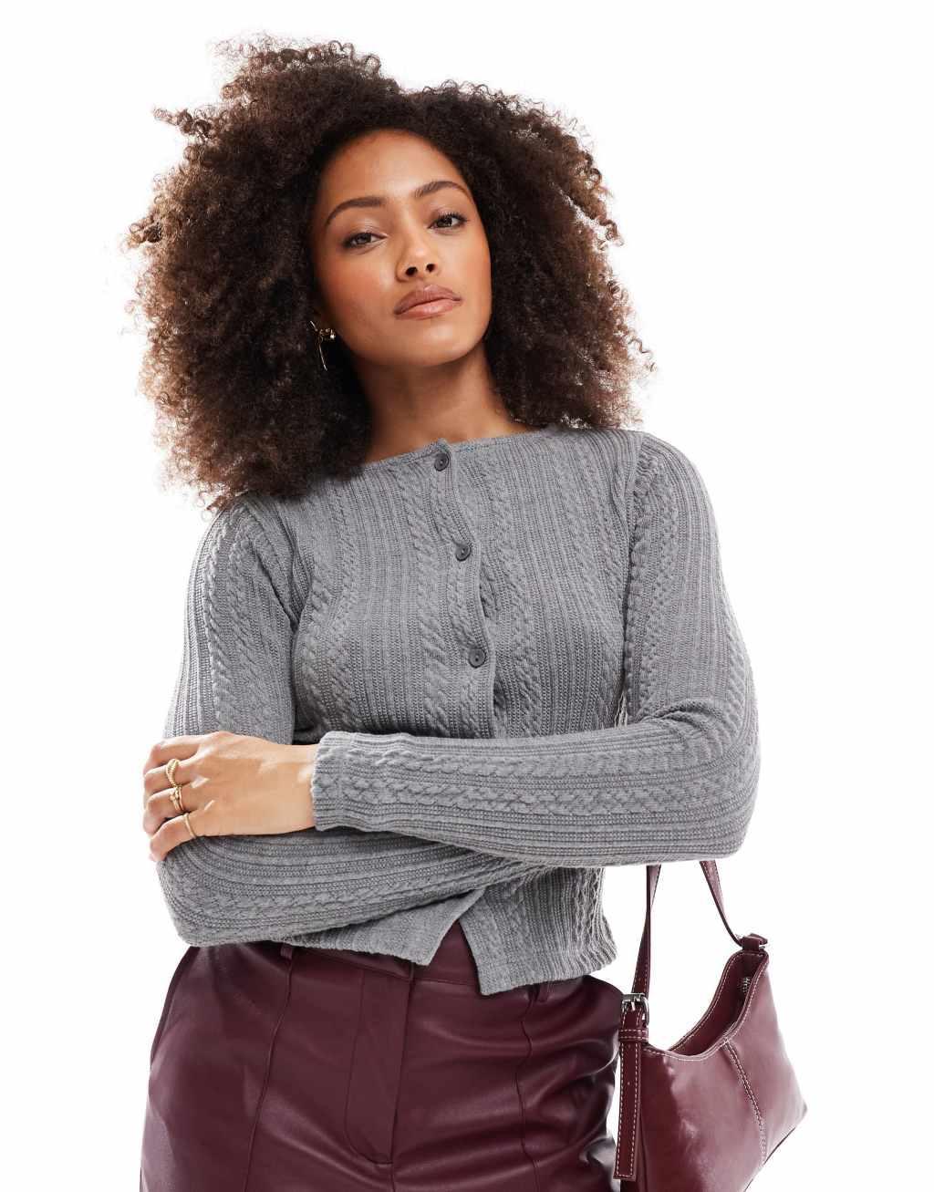 ASOS DESIGN button through shrunken cable cardigan in gray Product Image