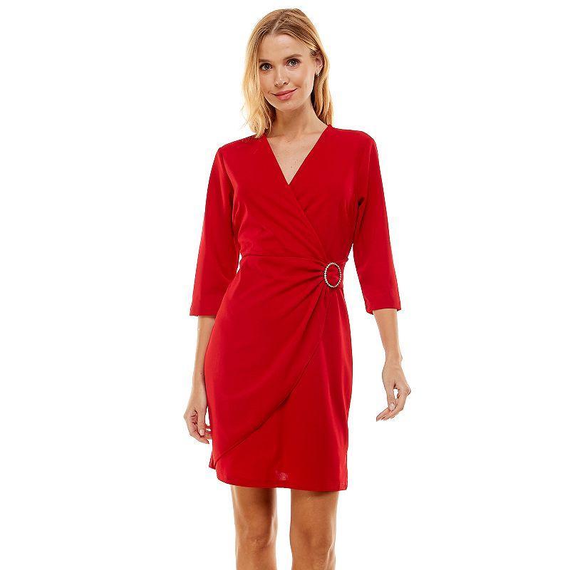 Womens Luxology Faux-Wrap Rhinestone Buckle Dress Red Product Image