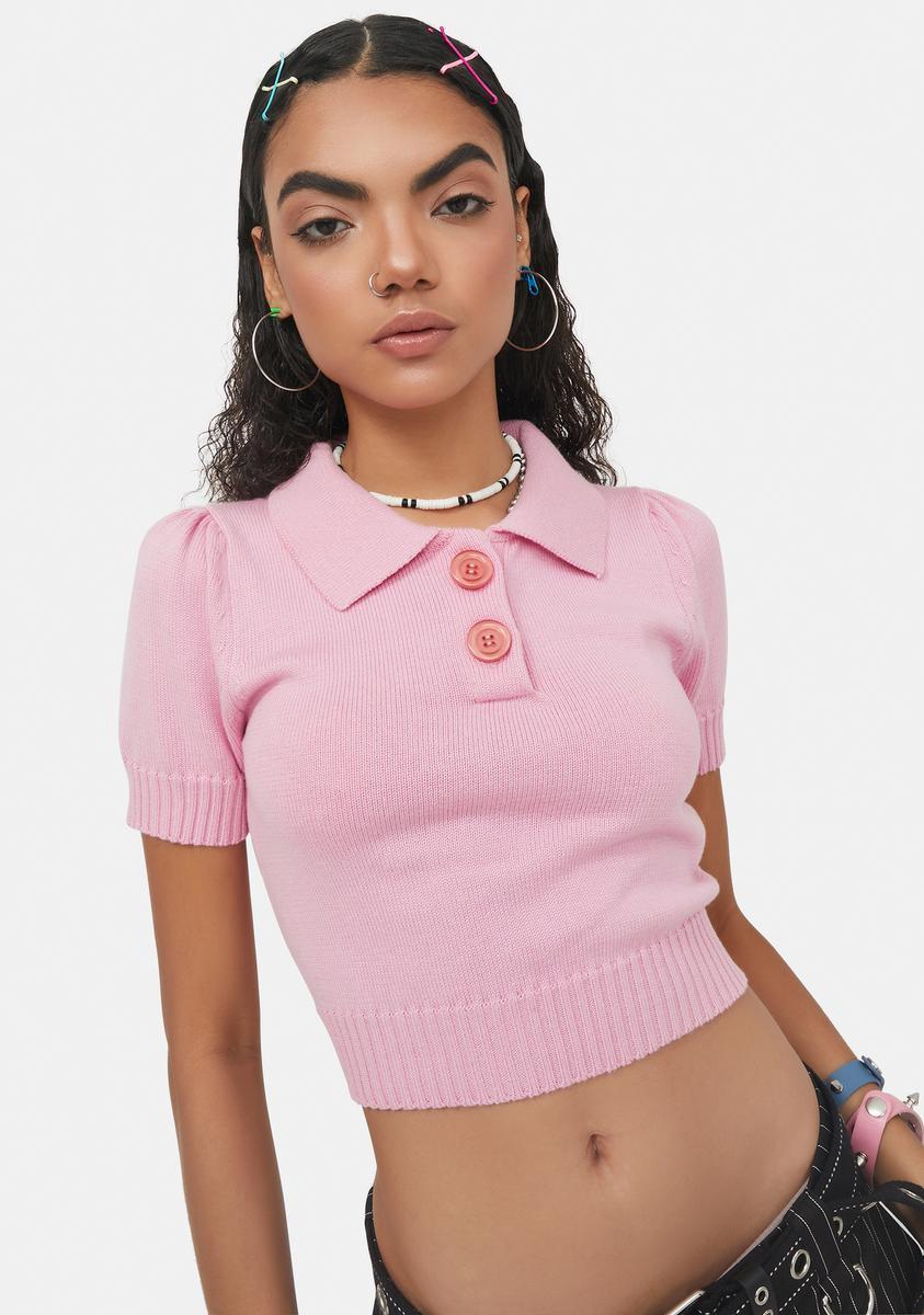 Delia's Knit Polo Crop Tee - Light Pink Product Image