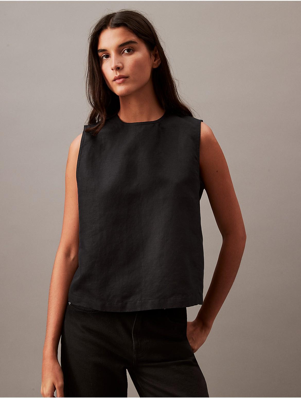 Calvin Klein Womens Casual Linen Blend Top - Black - L Product Image