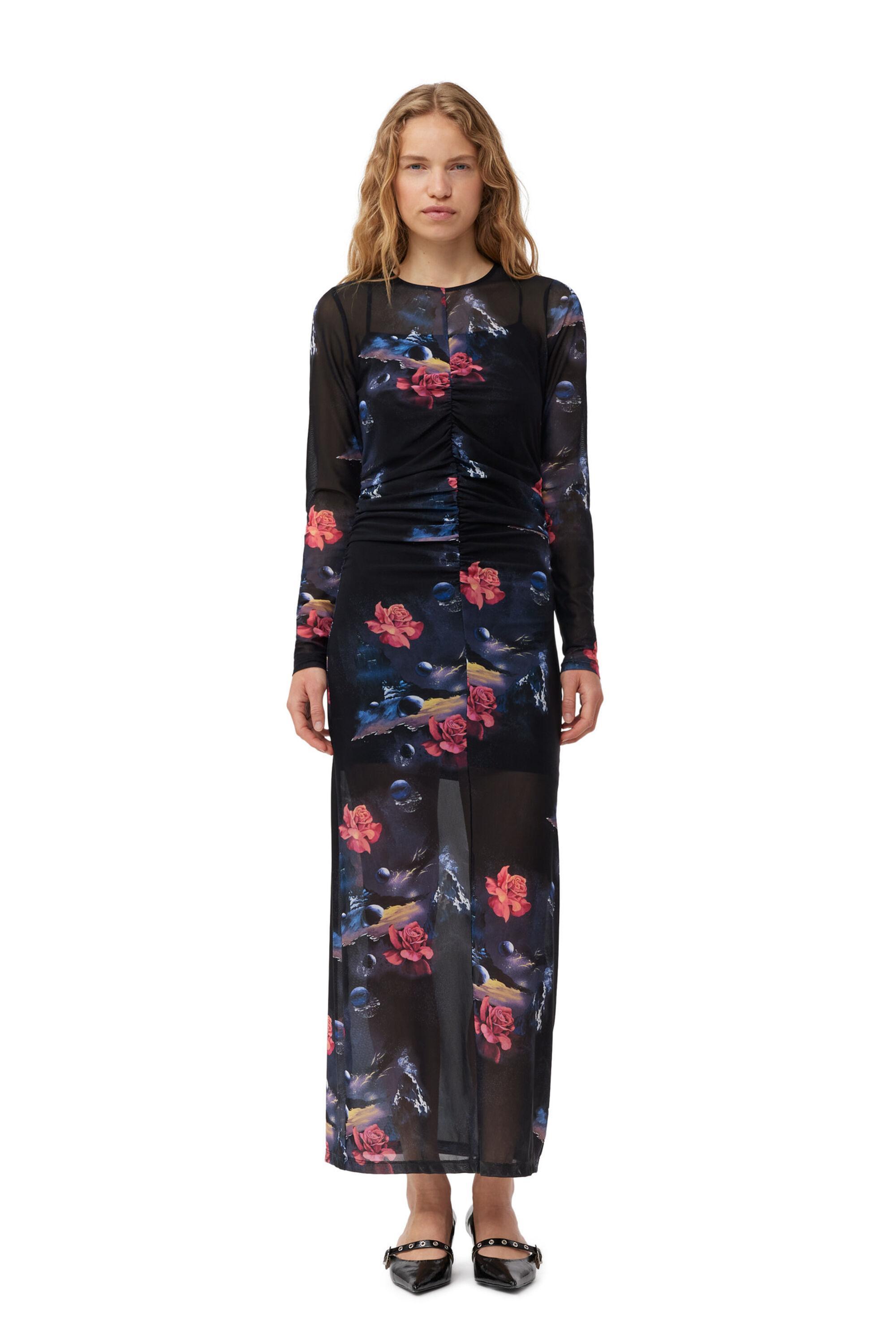 Printed Mesh O-neck Ruched Long Dress Product Image