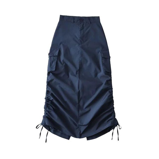 High-Waist Side-Drawstring Cargo Midi Skirt Product Image