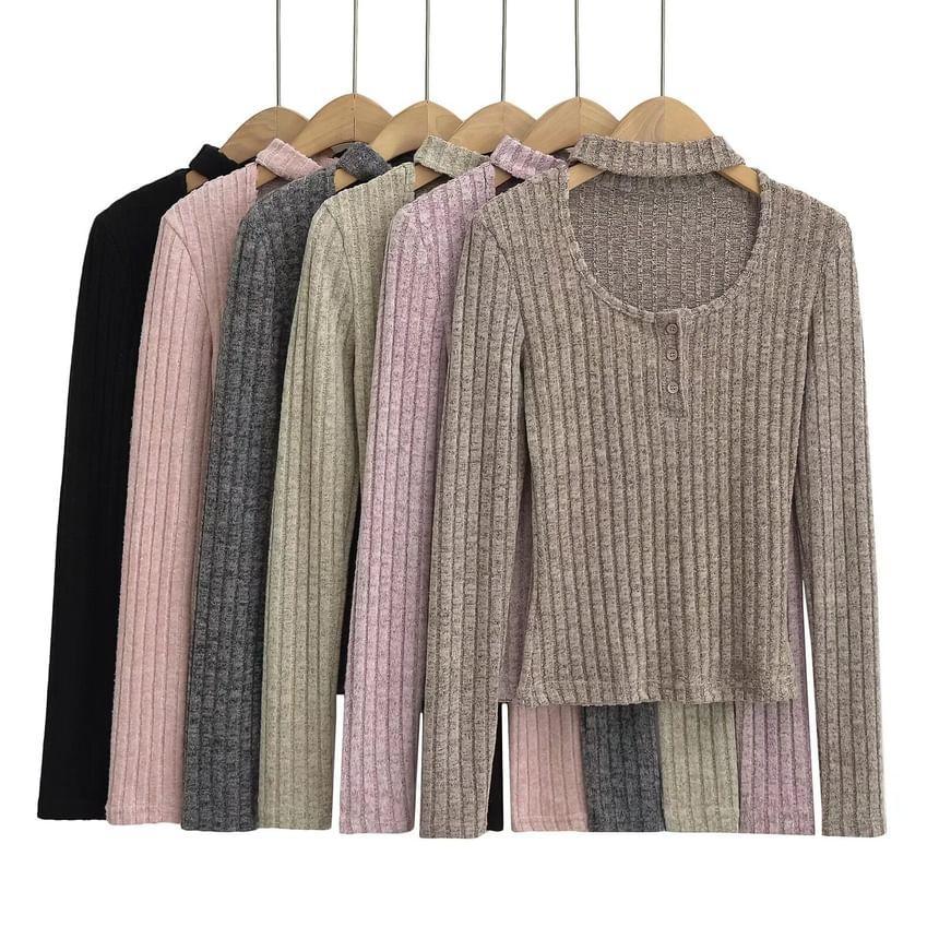 Long-Sleeve Choker-Neck Melange Ribbed Knit Top Product Image