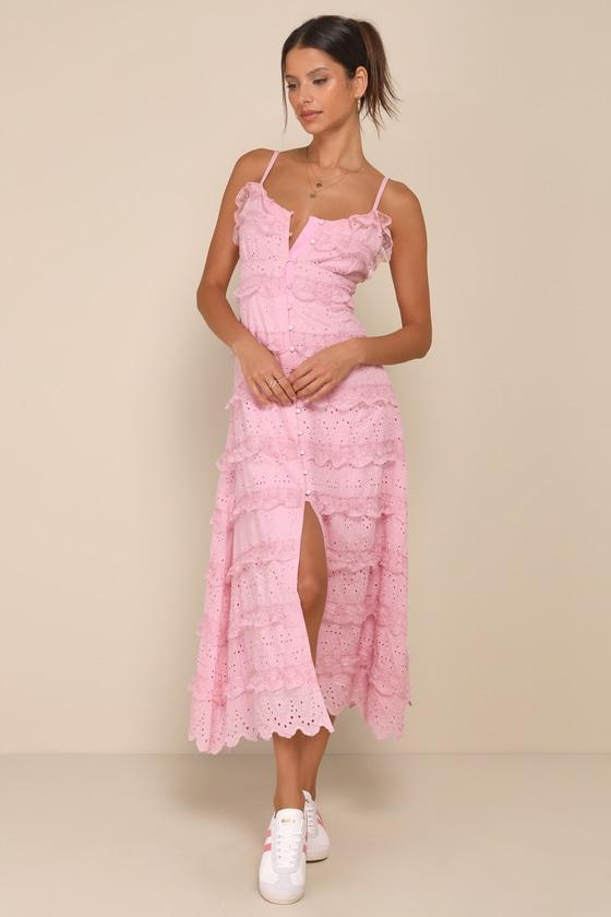 Delightful Cuteness Pink Lace Ruffled Button-Up Maxi Dress Product Image