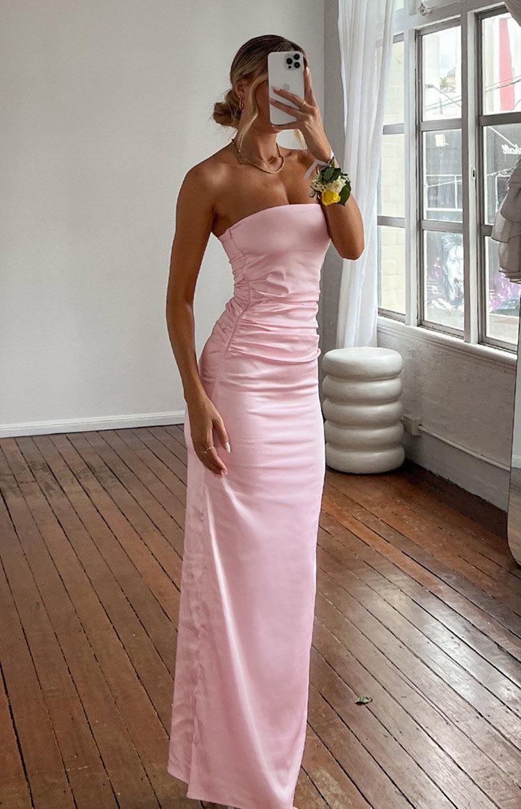 Pink Bloom Satin Strapless Maxi Dress Product Image