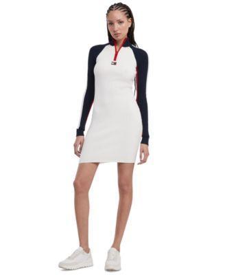 Tommy Jeans Womens Colorblock Ribbed Knit Bodycon Sweater Dress - ANCIENT WHITE Product Image