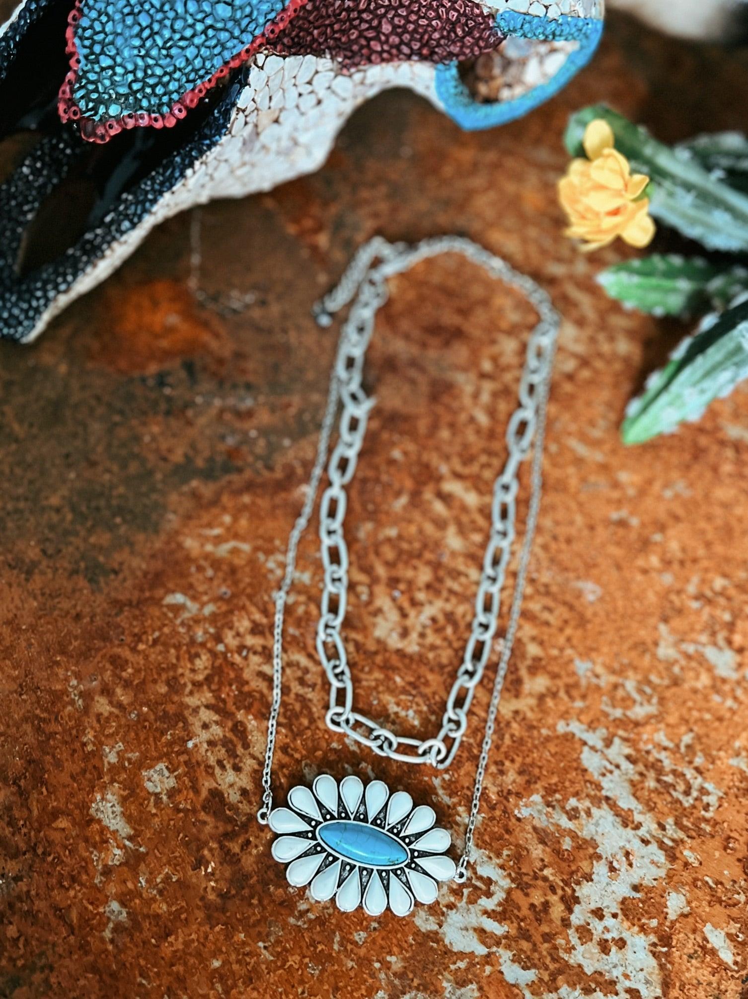 Double Stranded White and Turquoise Squash Blossom Necklace Product Image