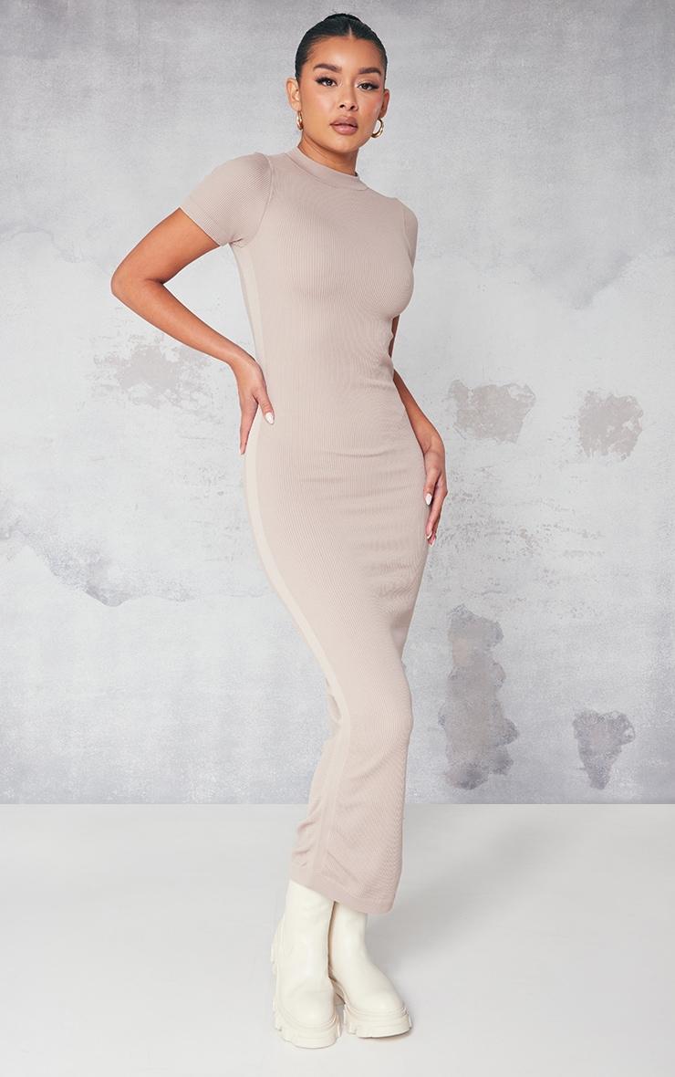 Stone Structured Snatched Rib High Neck Ruched Maxi Dress Product Image