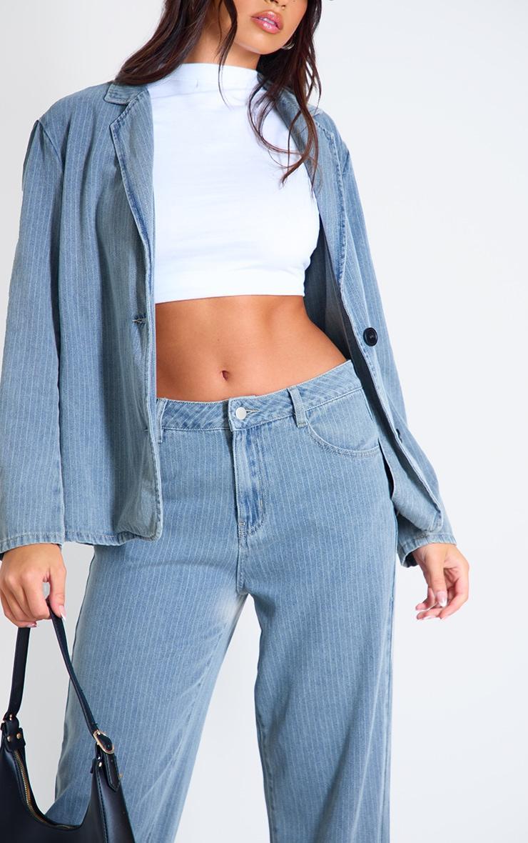 Washed Blue Pinstripe Lightweight Denim Oversized Blazer Product Image