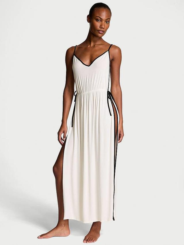 Ribbed Modal Velvet-Trim Long Slip Dress Product Image