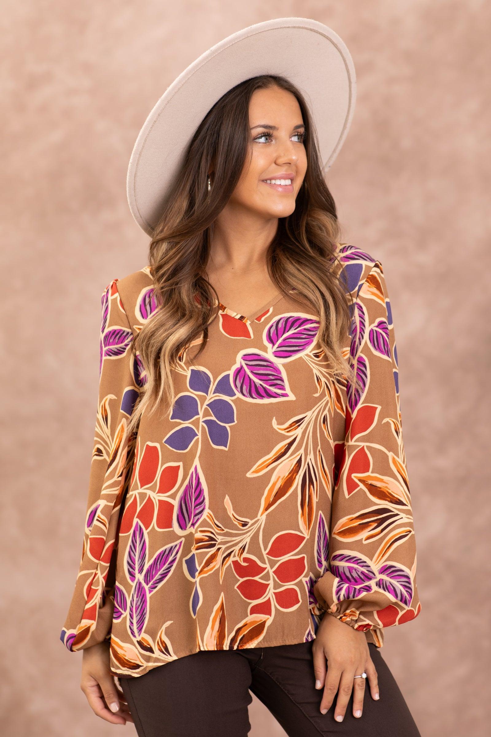 Taupe Multicolor Floral Long Sleeve V-Neck Top Product Image