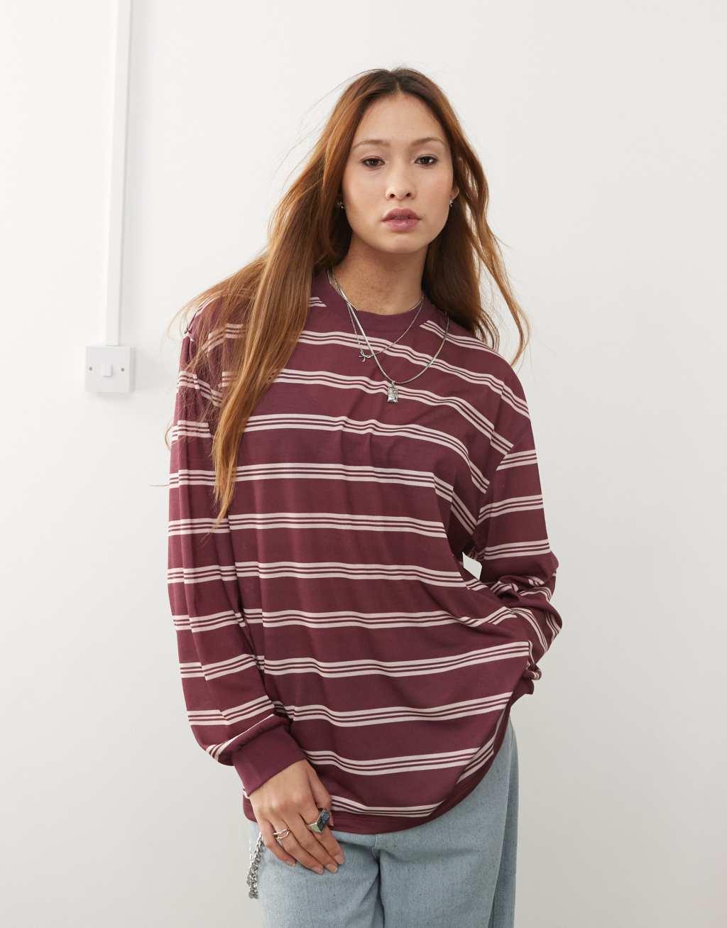 Reclaimed Vintage oversized long sleeve top in burgundy stripe Product Image