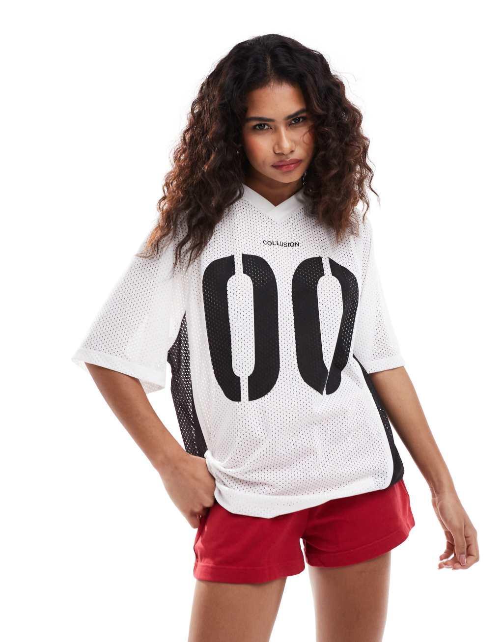 COLLUSION oversized sports tee with number graphic in ivory Product Image