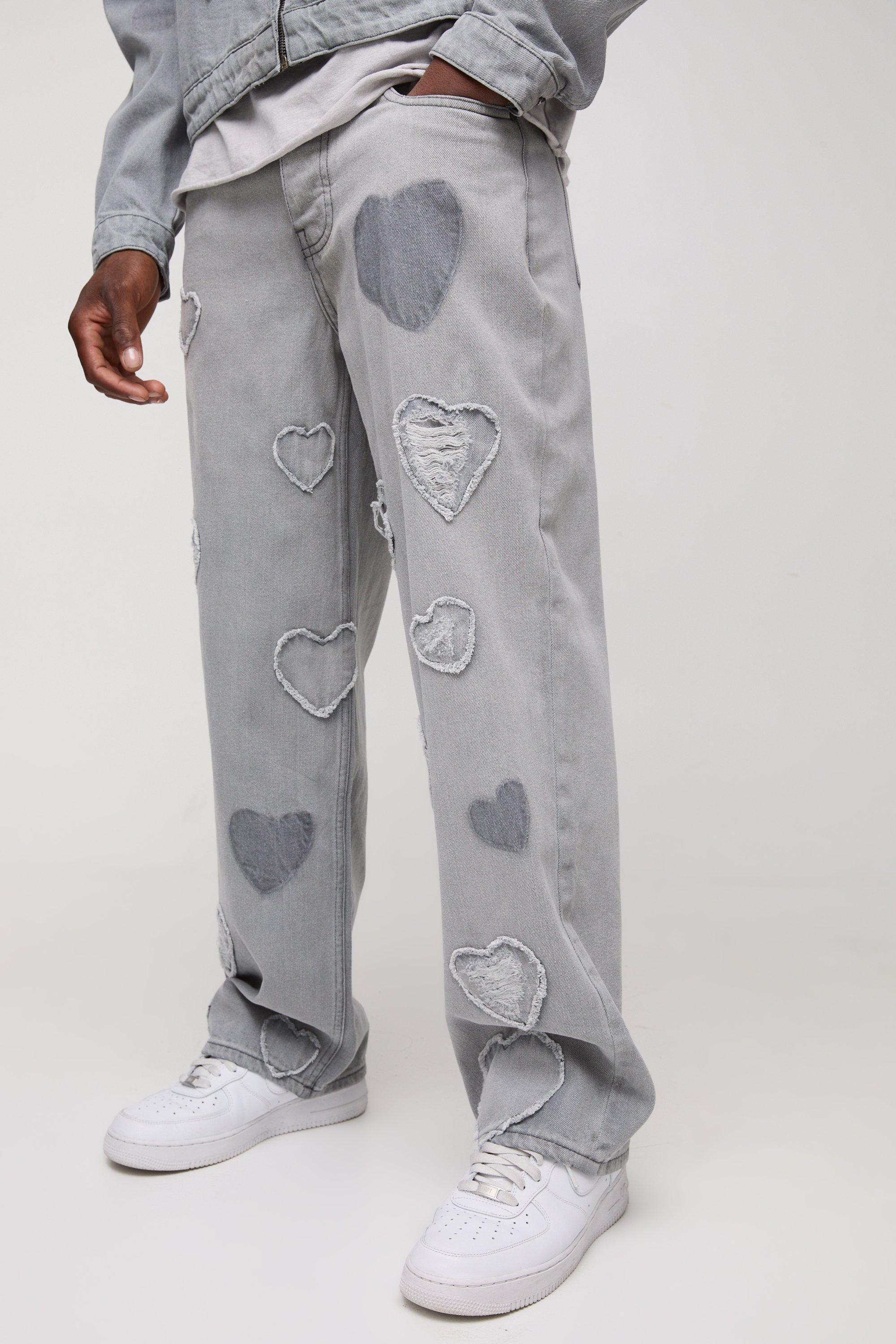 Relaxed Rigid Heart Applique Denim Jeans | boohooMAN USA Product Image