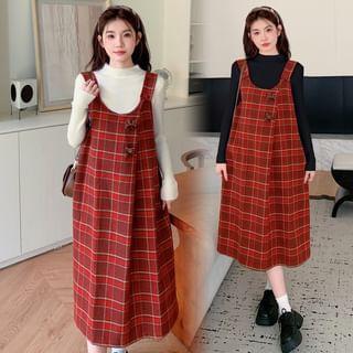 Maternity Long-Sleeve Mock Neck Plain Tee / Plaid Midi Pinafore Dress / Set Product Image