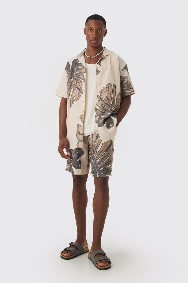 Oversized Linen Look Palm Shirt & Short | boohooMAN USA Product Image