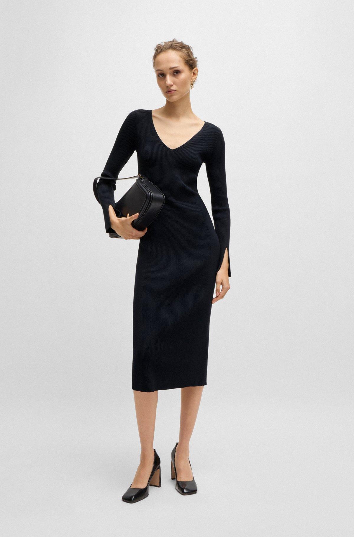 Long-sleeved V-neck dress with ribbed knit Product Image