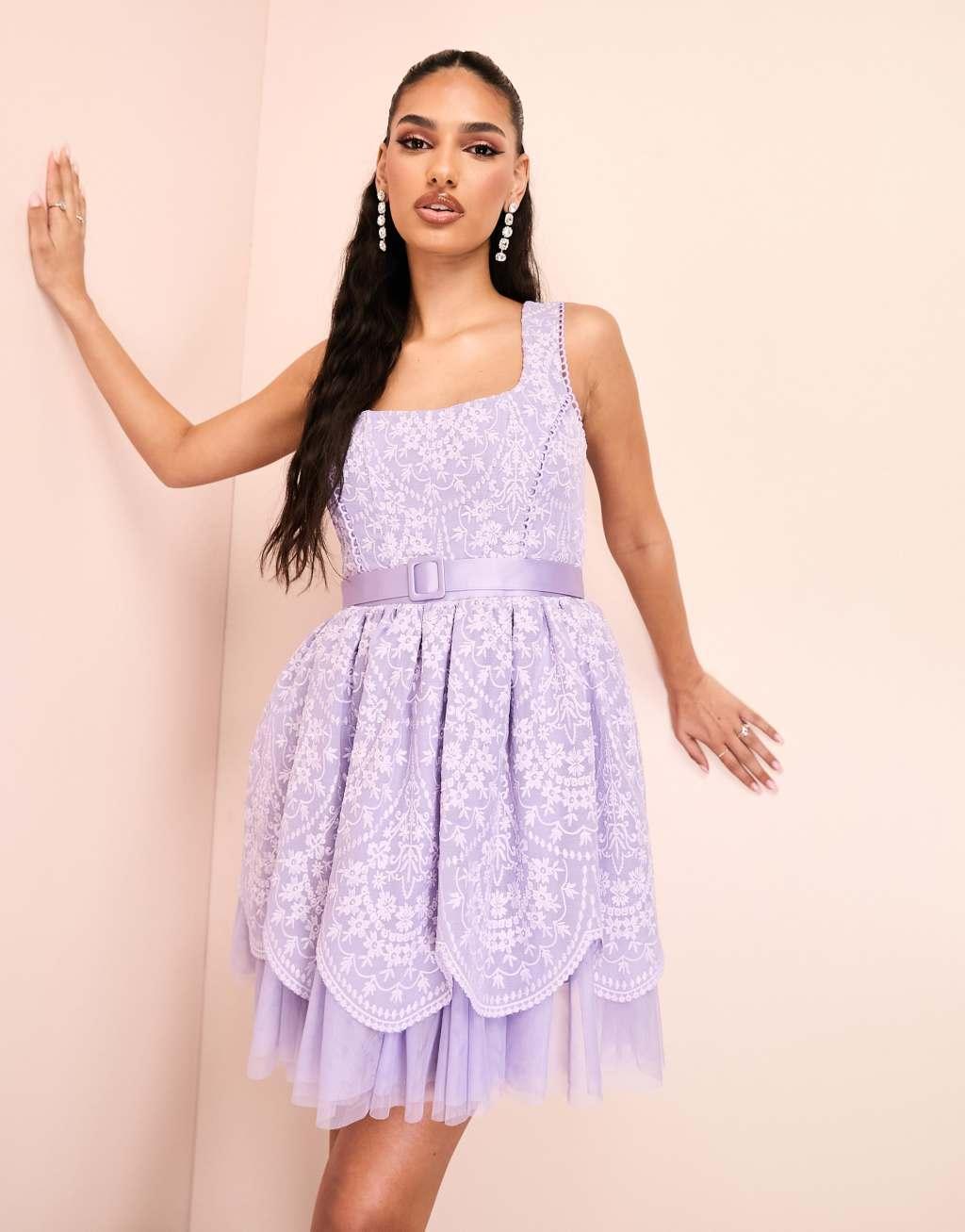 ASOS LUXE embroidered corset exaggerated tulle mini dress in purple Product Image