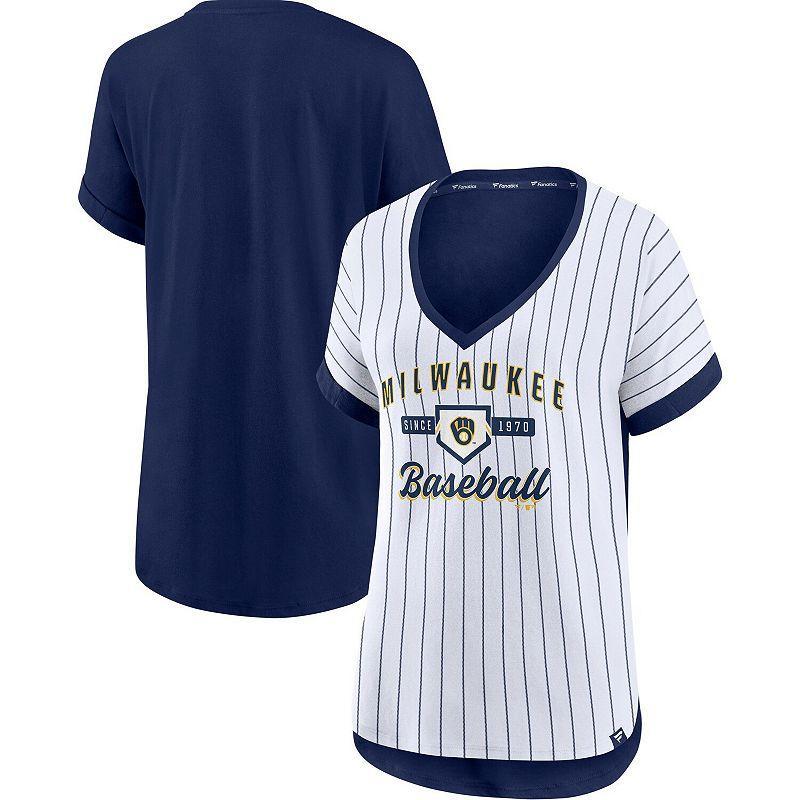 Womens Fanatics Branded /Navy Milwaukee Brewers Iconic Noise Factor Pinstripe V-Neck T-Shirt Product Image