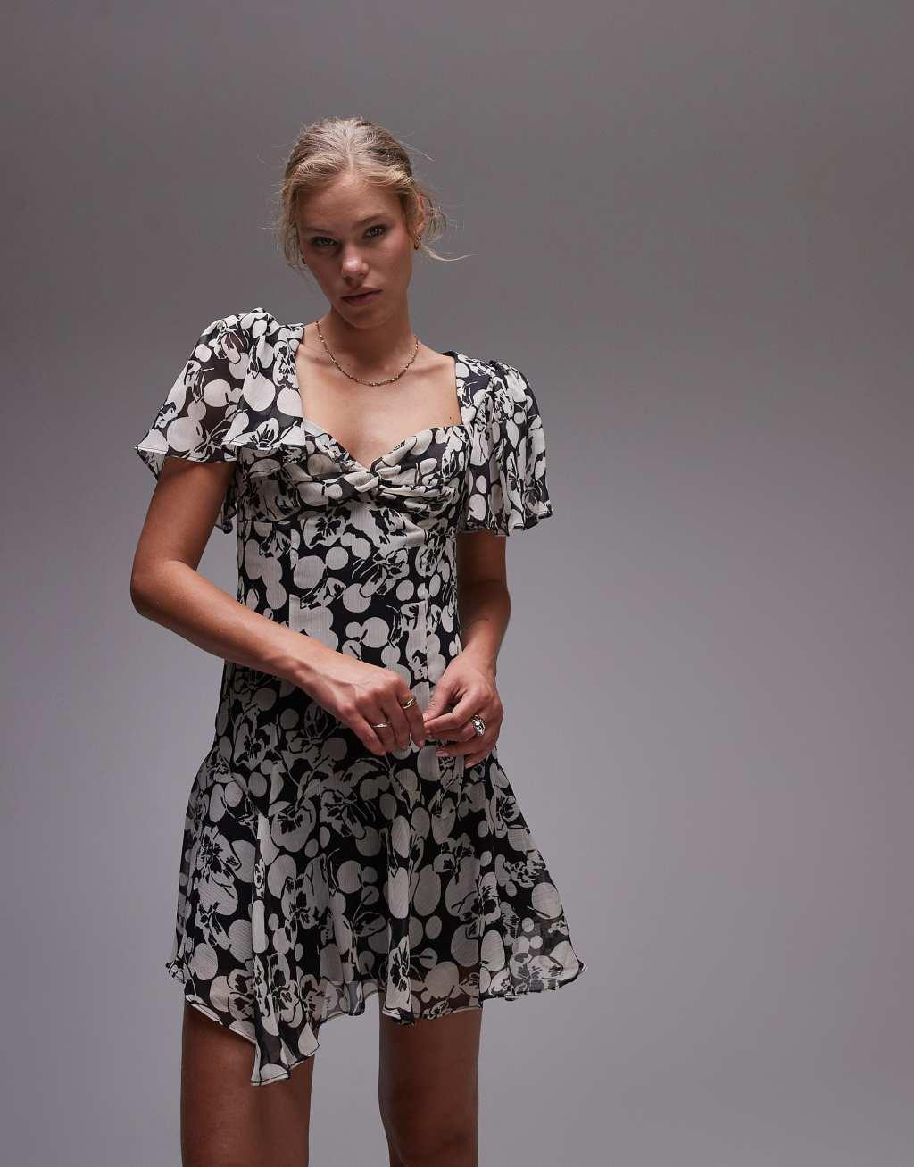 Topshop twist mini tea dress in mono bubble floral Product Image