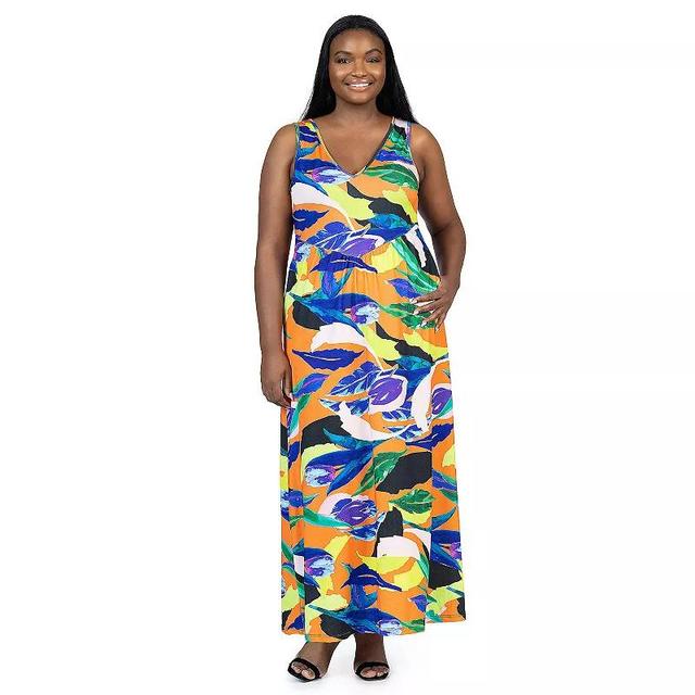 Plus Size 24Seven Comfort Apparel Multicolor Sleeveless V Neck Maxi Dress With Pockets, Womens Product Image