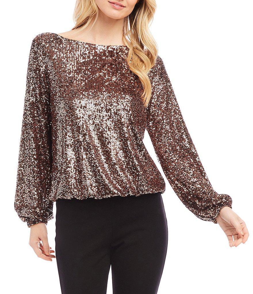 Karen Kane Stretch Sequin Boat Neckline Long Bishop Sleeve Top Product Image