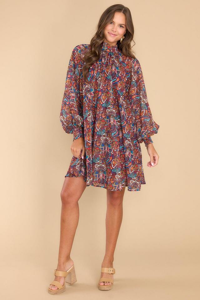 Aura Just Like Family Burgundy Multi Print Dress Product Image