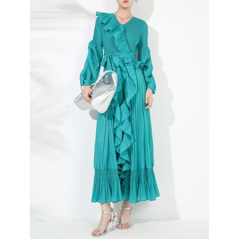 Long-Sleeve V-Neck Plain Ruffle Trim Crinkle Tie Waist Maxi A-Line Dress Product Image