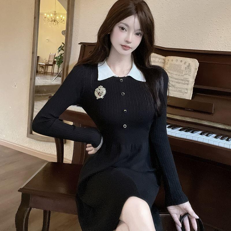 Long-Sleeve Collared Knit Mini A-Line Dress Product Image