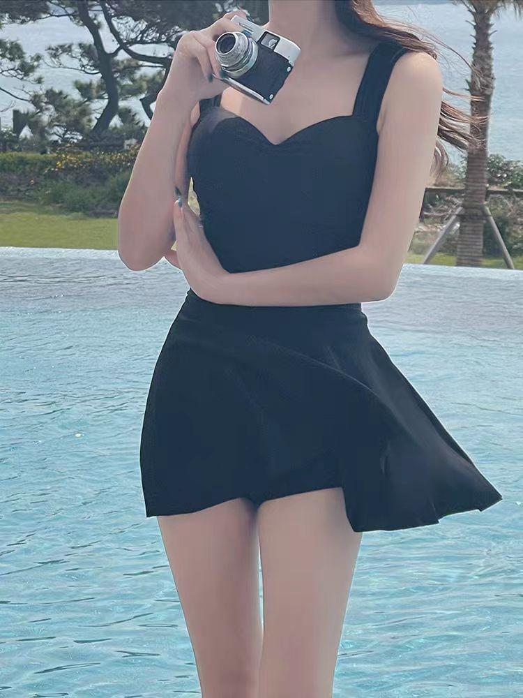 Sleeveless Plain Open Back Swim Dress Product Image