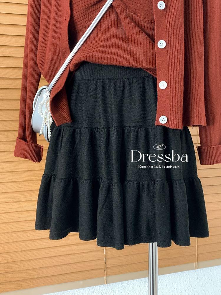 High Waist Plain Tiered Knit Mini A-Line Skirt Product Image