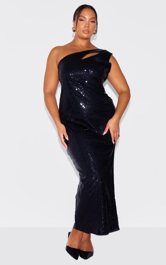 Plus Black Asymmetric High Split Sequin Maxi Dress Product Image