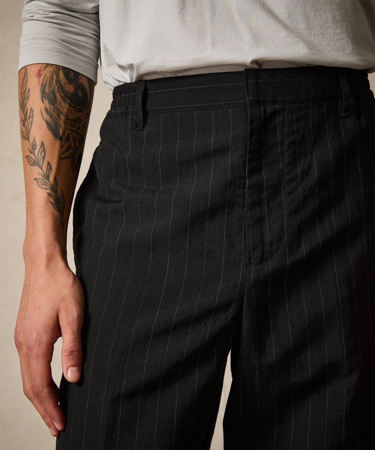 Italian Wool Linen Side Elastic Trouser in Black Pinstripe Product Image