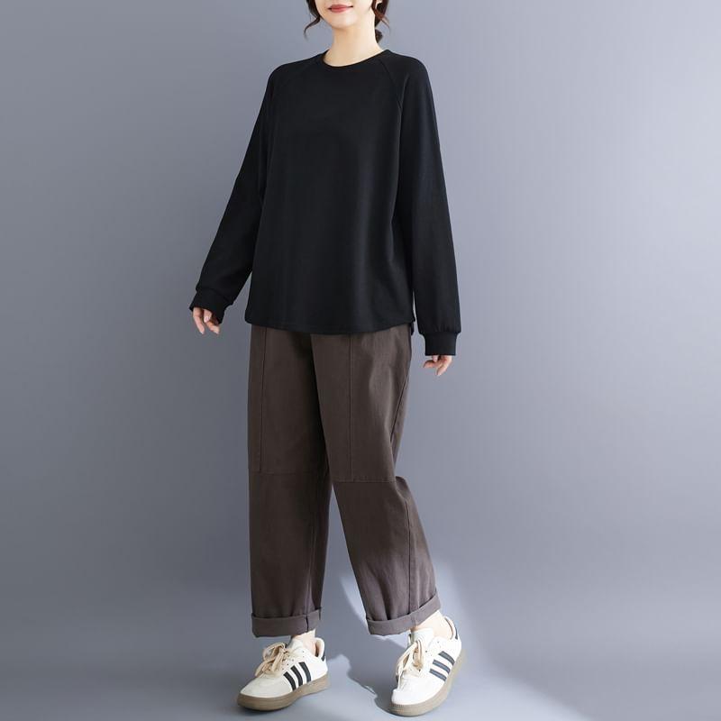 Long-Sleeve Round Neck Plain Raglan T-Shirt Product Image