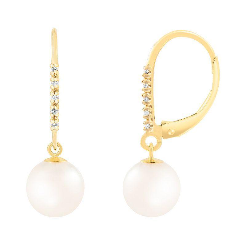 14k Gold Diamond Accent Freshwater Pearl Leverback Earrings, Womens Product Image