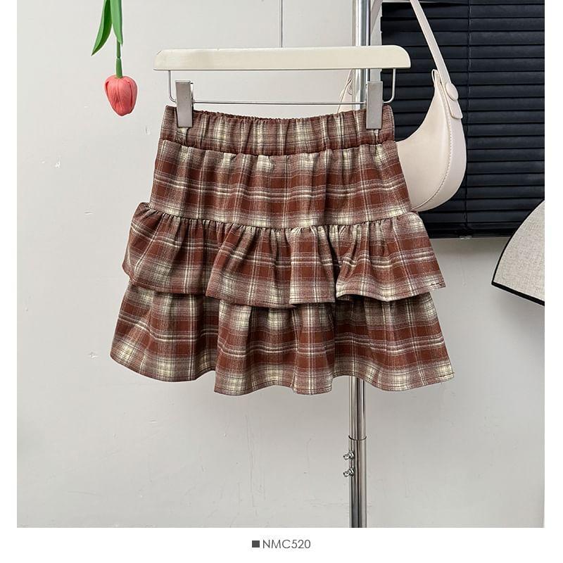 Tiered Plaid High-Rise A-Line Skirt Product Image