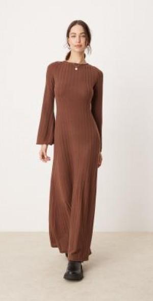 ASOS DESIGN ribbed long sleeve open back maxi dress in brown Product Image