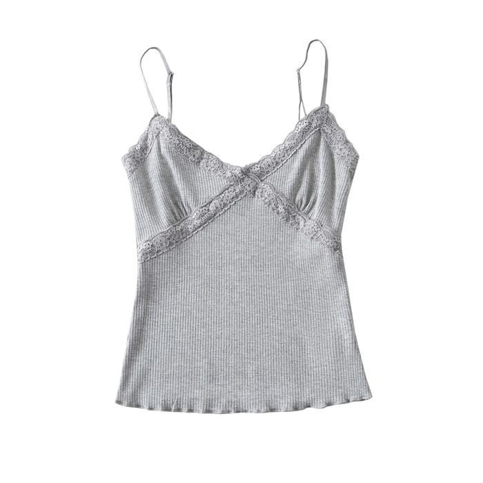 V-Neck Plain Lace Trim Crop Camisole Top Product Image