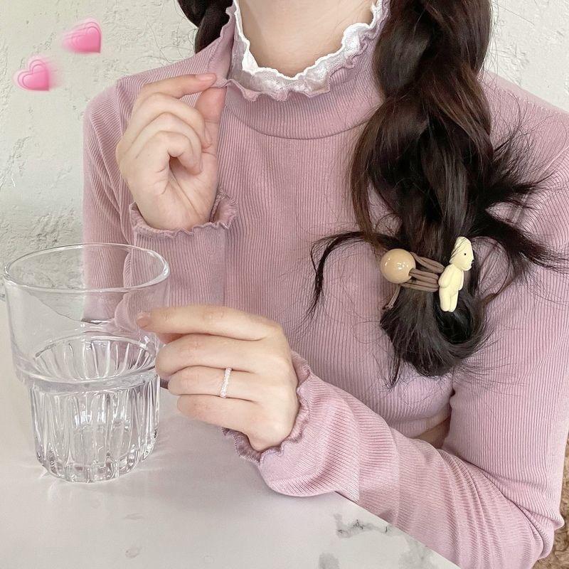 Long-Sleeve Mock Neck Lace Trim Plain Knit Top Product Image