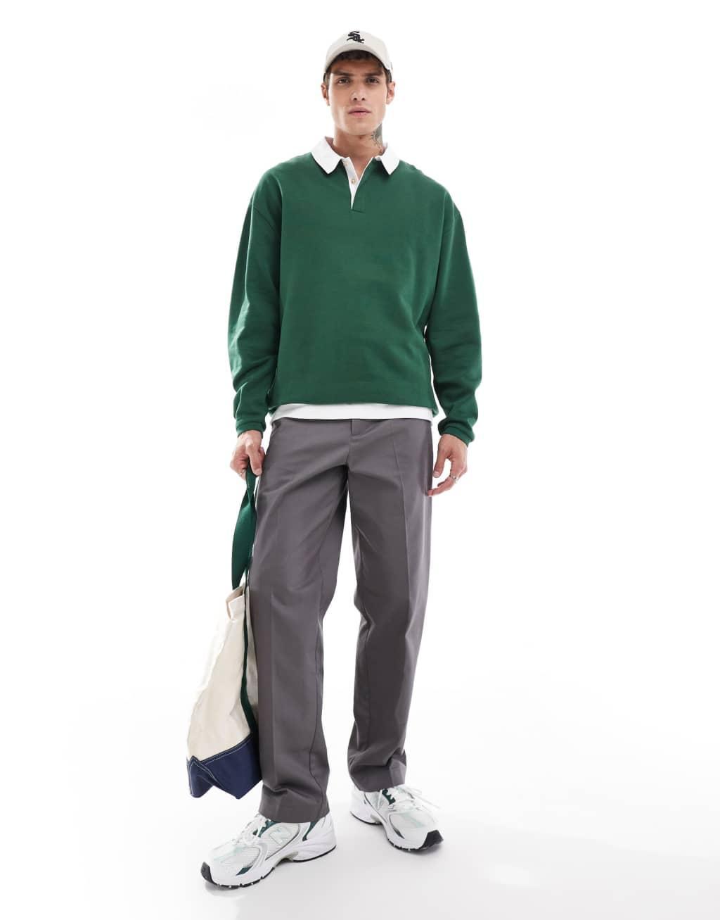 ASOS DESIGN oversized rugby polo sweatshirt in dark green Product Image