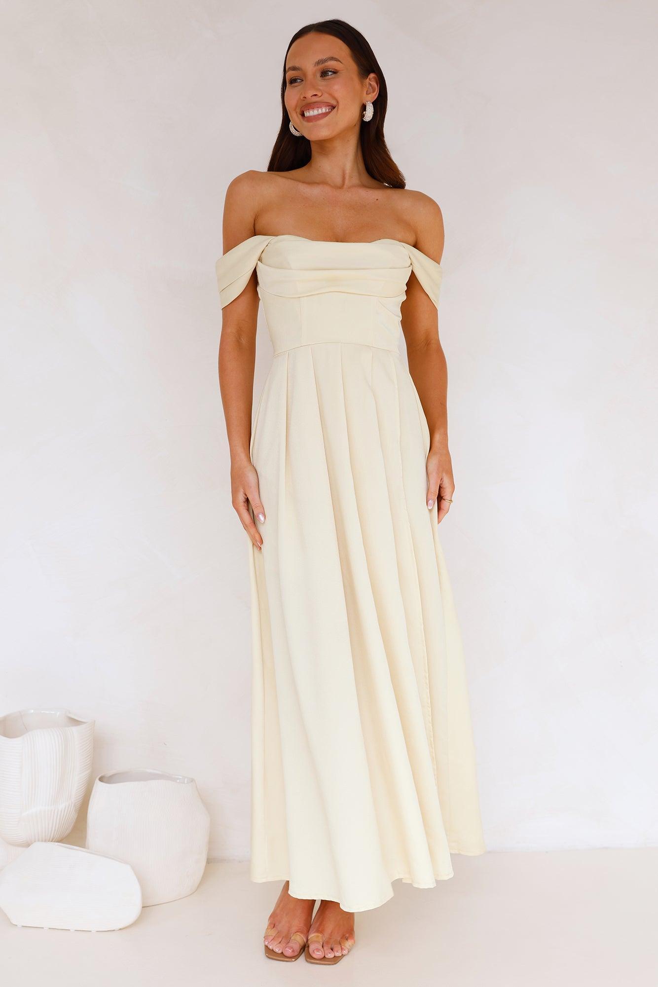 Classy Affair Off Shoulder Satin Maxi Dress Yellow Product Image