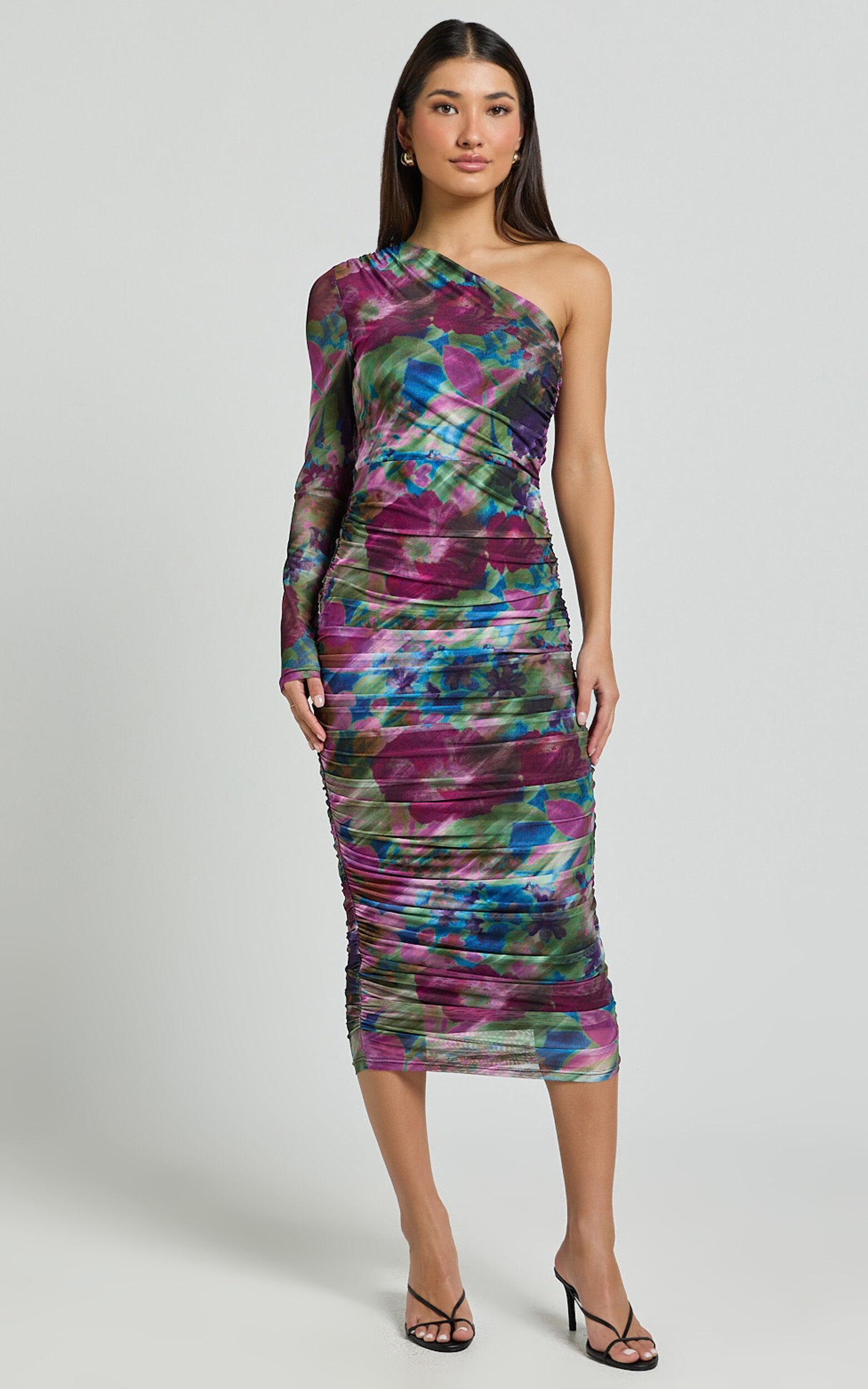 Pepper Midi Dress - One Shoulder Ruched Mesh Dress in Ethereal Iris Print Product Image