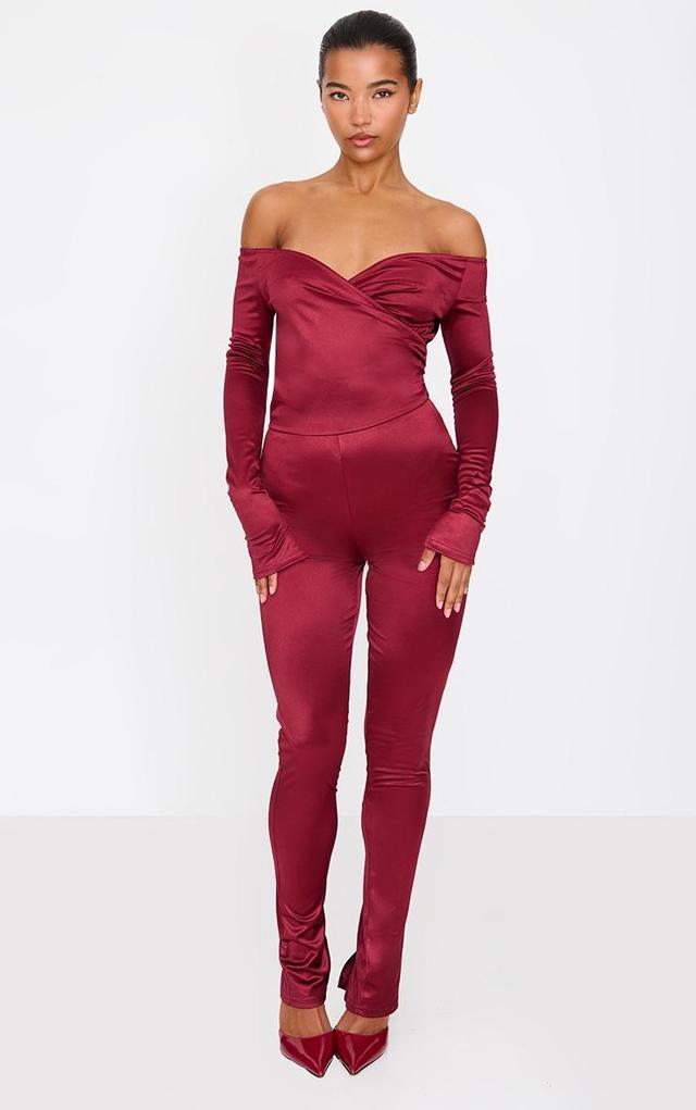 Burgundy Stretch Satin Cross Front Bardot Split Hem Jumpsuit Product Image