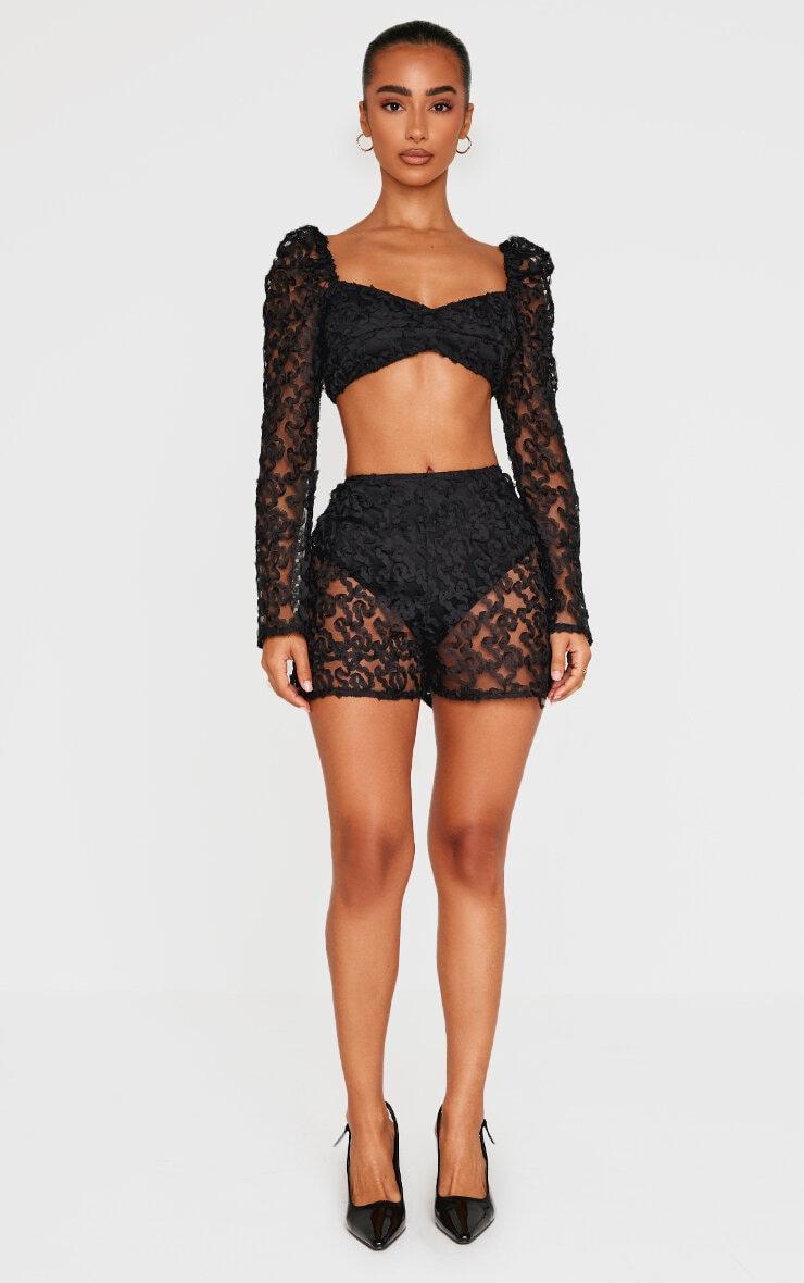 Petite Black Textured Woven Mesh Sleeve Crop Top  Product Image