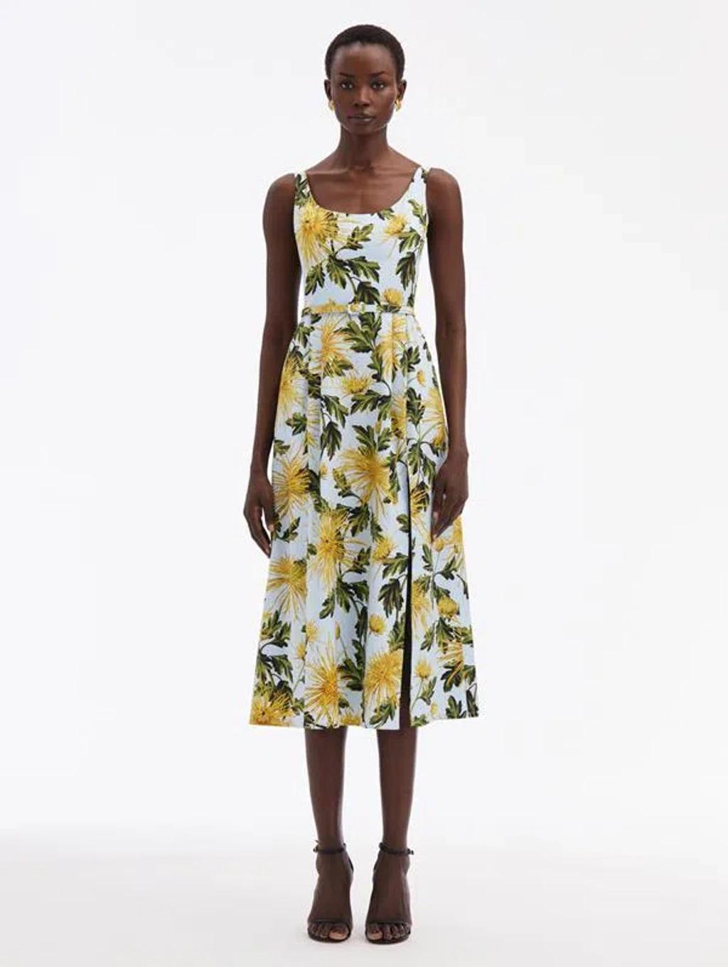 OSCAR DE LA RENTA Chrysanthemum Cotton Poplin Tank Dress In Yellow/light Blue Product Image